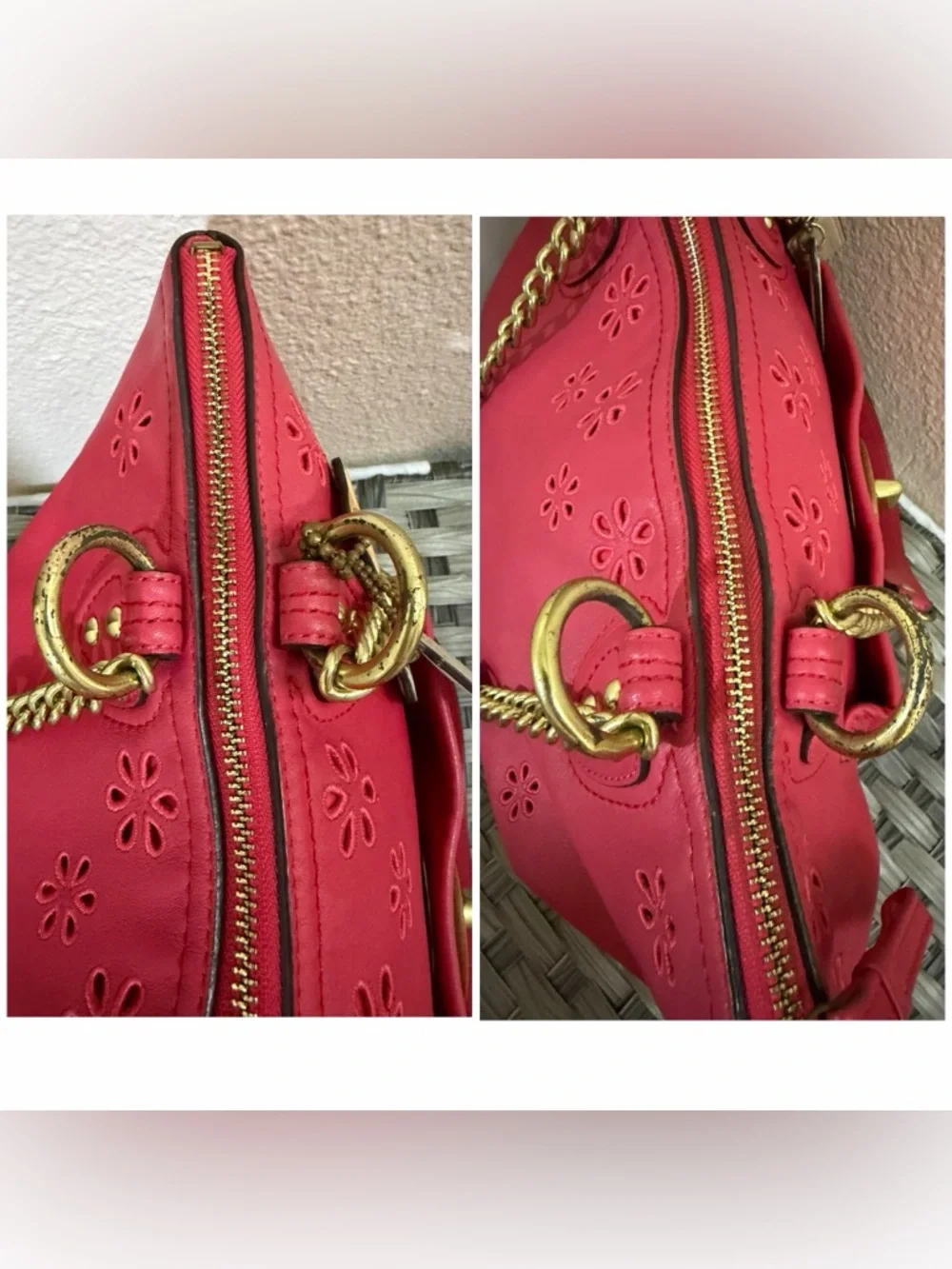 Coach Pink Leather Floral Perforated Chain Shoulder Bag Turnlock - Style 23842 - Picture 9 of 16